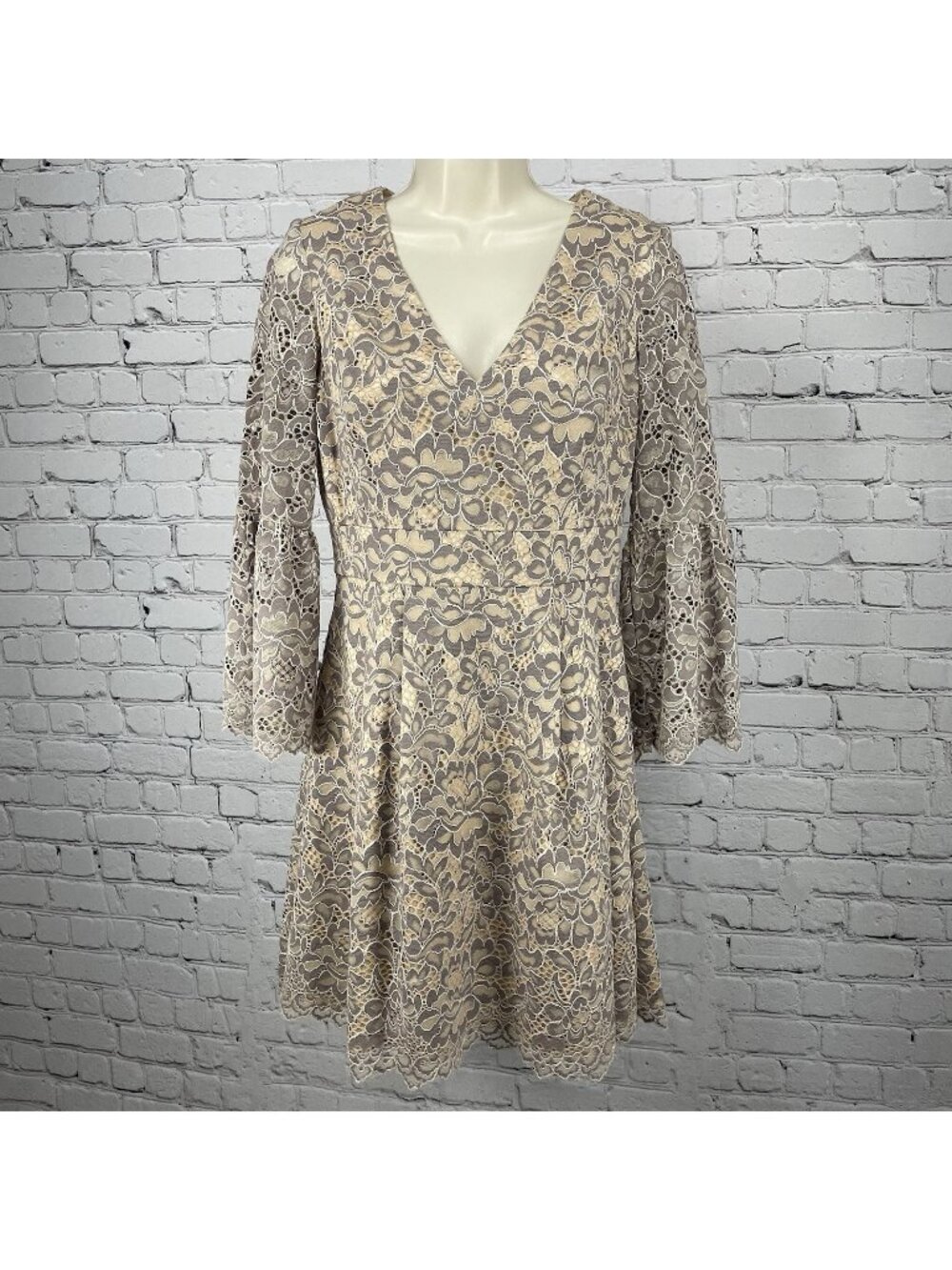 Eliza J Beige Floral Lace Long Bell Sleeve Pleated Lined Zipped Dress Size 4
